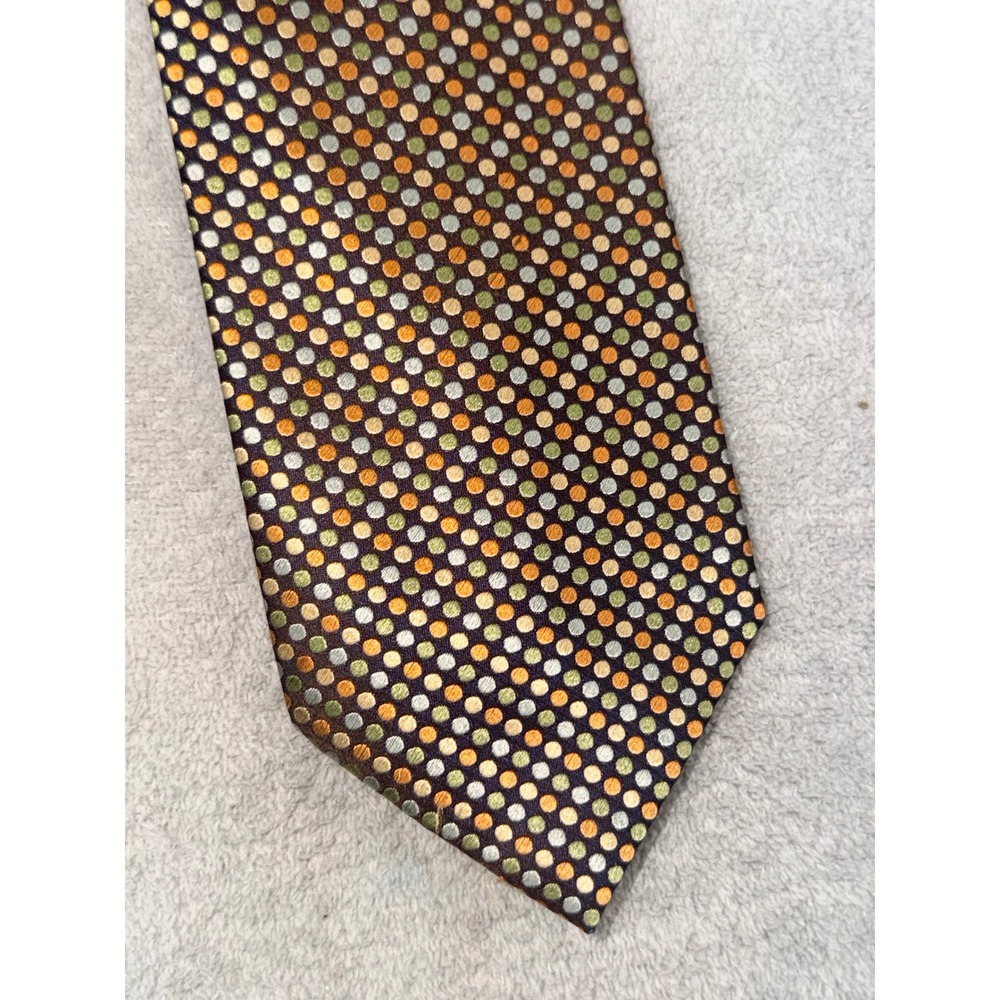Claiborne Mens Silk Necktie Brown Orange Green Polka Dot Hand Made Garment Guard